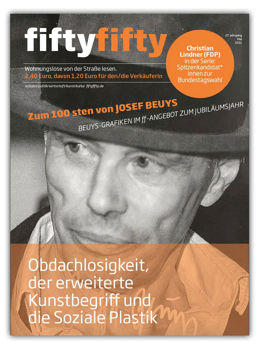 documenta Künstler Beuys auf dem Cover des Straßenmagazins FiftyFifty, das von Obdachlosen verkauft wird