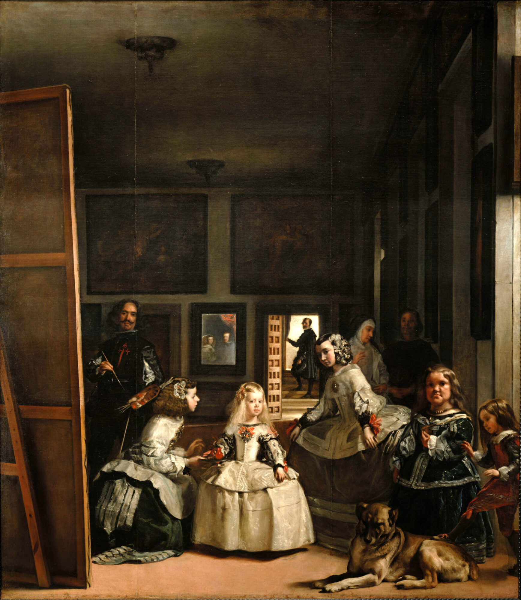 Hofmaler Diego Velázquez auf seinem eigenen Gemälde Las Meninas links im Bild